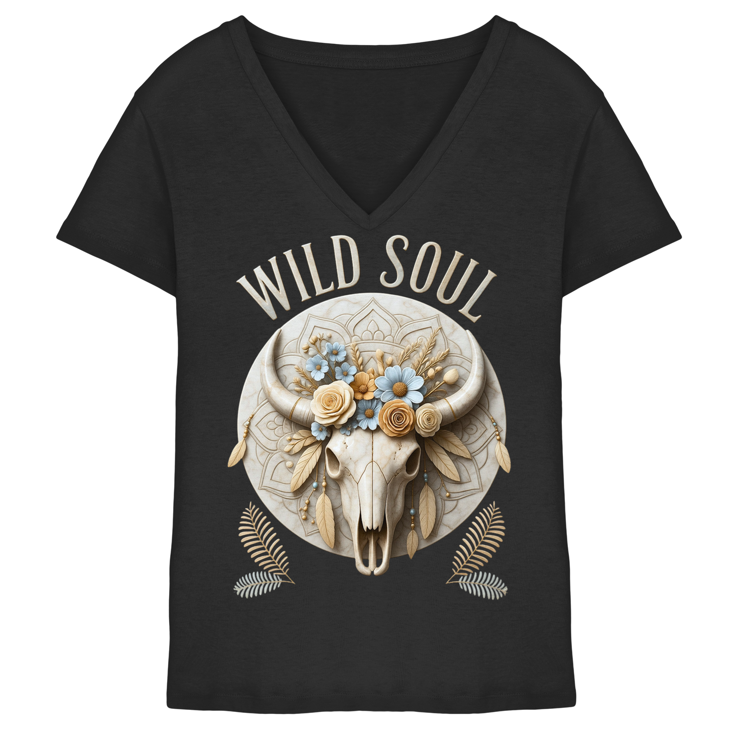 Wild Soul Damen V-Neck Shirt mit Bull Skull im Boho-Western-Stil