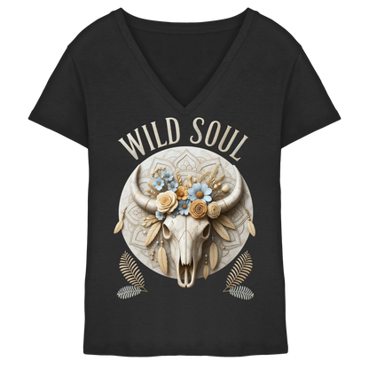 Wild Soul Damen V-Neck Shirt mit Bull Skull im Boho-Western-Stil