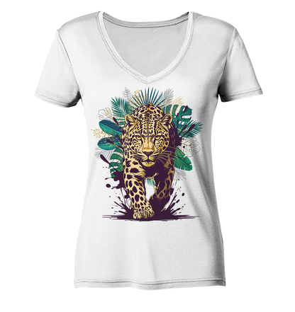 Tropical Leopard Ladies V-Neck Shirt | Streetwear Jungle Animal Print | Urban Boho T-Shirt
