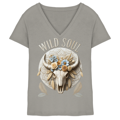 Wild Soul Damen V-Neck Shirt mit Bull Skull im Boho-Western-Stil