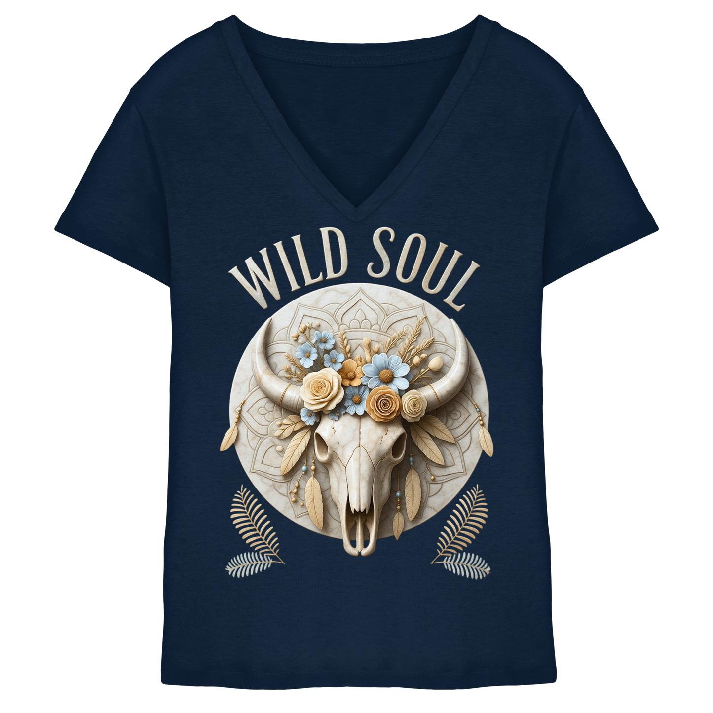 Wild Soul Damen V-Neck Shirt mit Bull Skull im Boho-Western-Stil