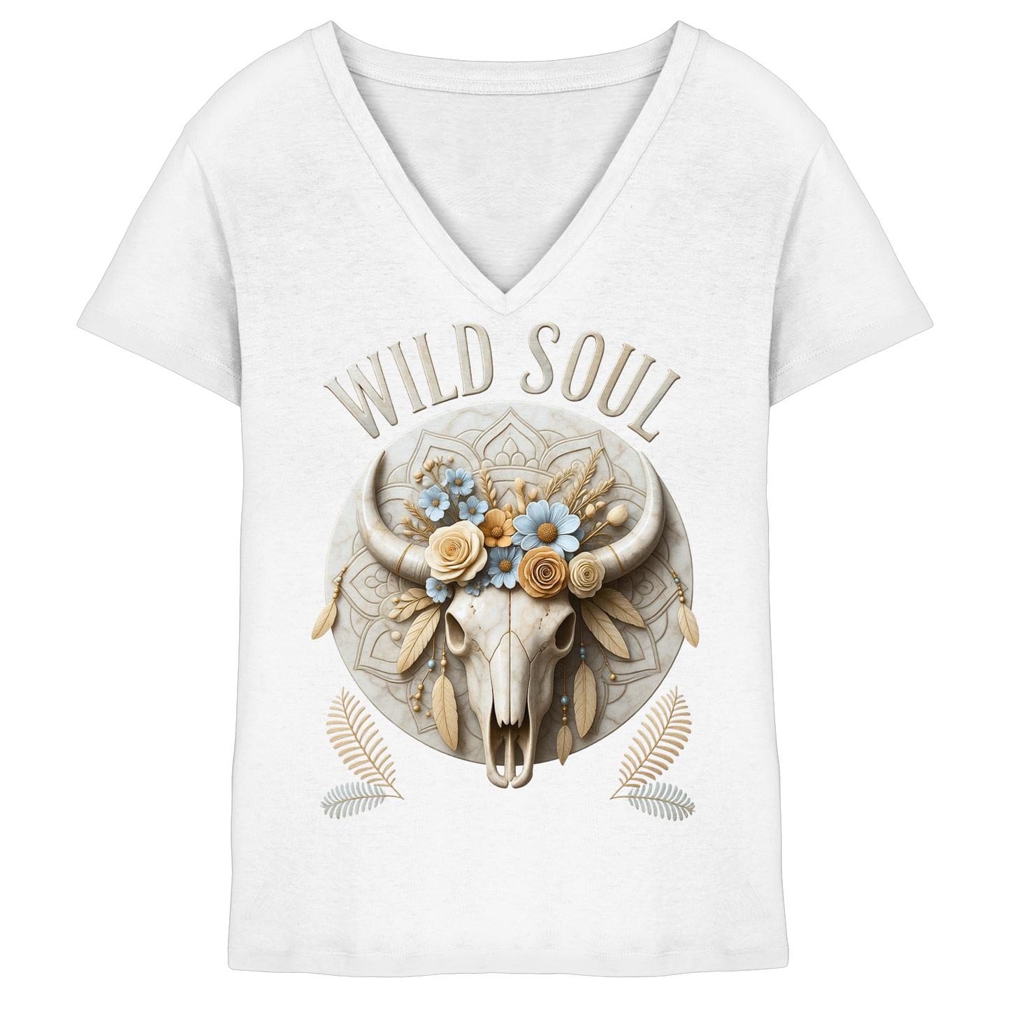 Wild Soul Damen V-Neck Shirt mit Bull Skull im Boho-Western-Stil