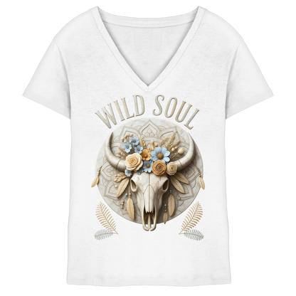 Wild Soul Damen V-Neck Shirt mit Bull Skull im Boho-Western-Stil