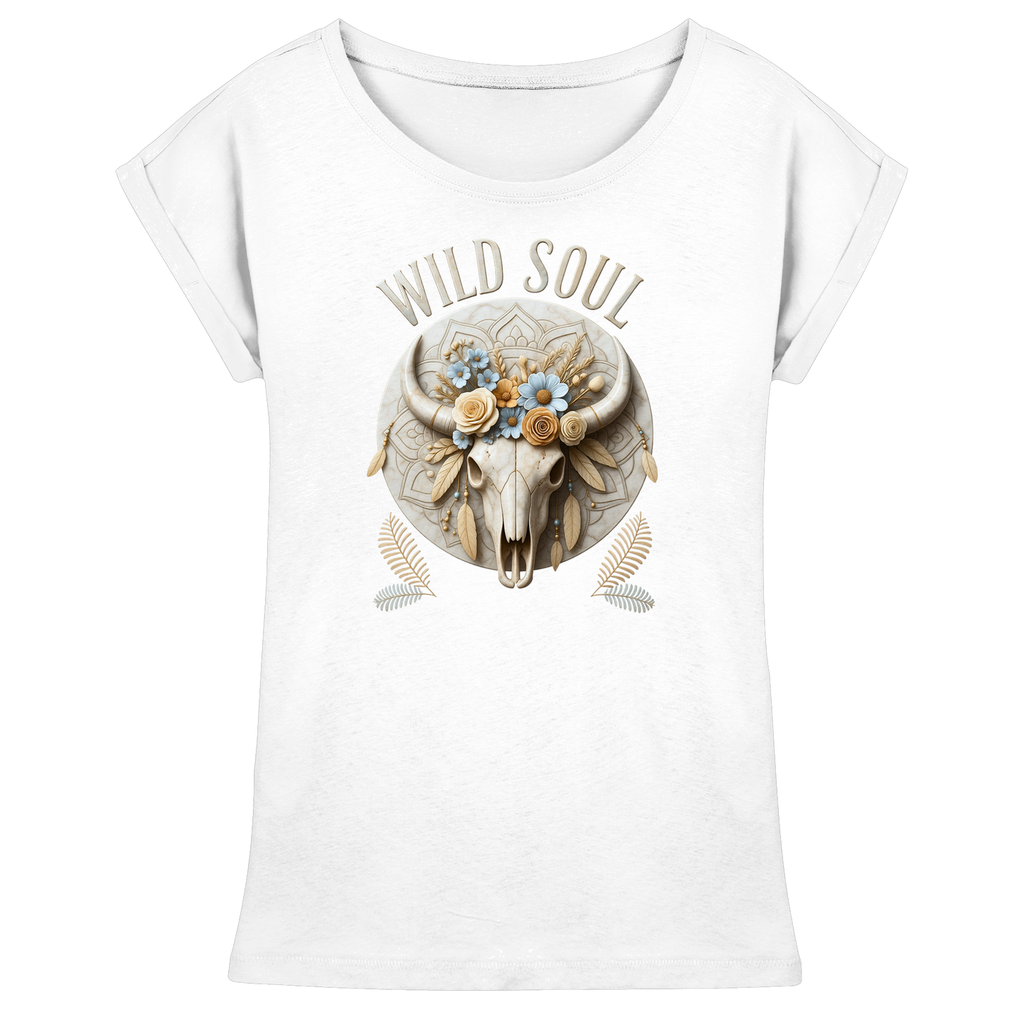 Wild Soul Boho Shoulder T-Shirt mit floralem Bull Skull