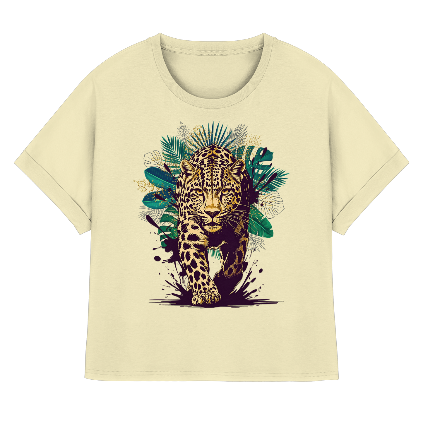 Tropical Leopard Womens Organic Rolled Sleeves T-Shirt I Wild Jungle Leopard Shirt | Urban Wildlife Fashion | Boho Animal