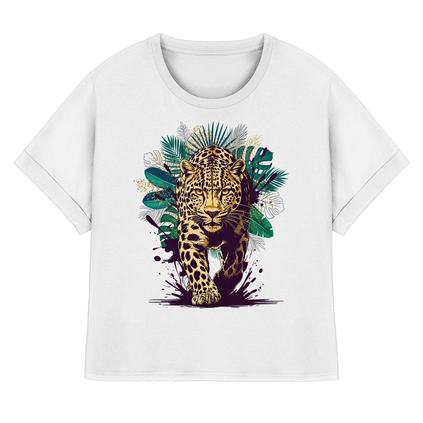 Tropical Leopard Womens Organic Rolled Sleeves T-Shirt I Wild Jungle Leopard Shirt | Urban Wildlife Fashion | Boho Animal