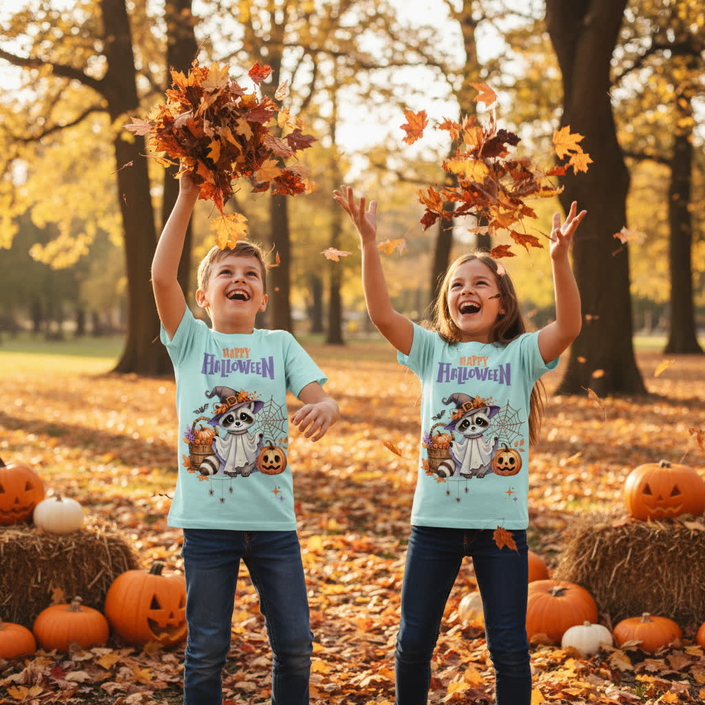 Kids Organic Shirt Halloween Waschbär – Süßes Kinder T-Shirt mit Herbstmotiv aus Bio Baumwolle