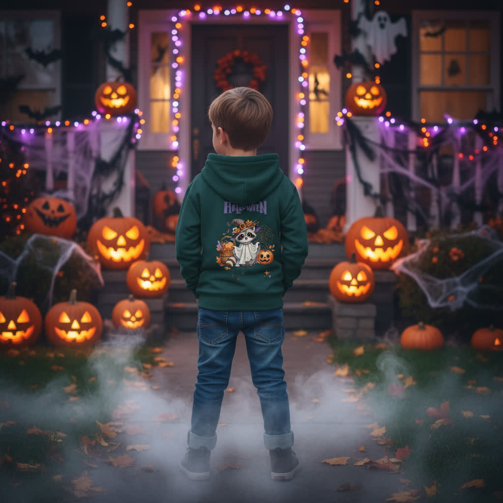 Kinder Hoodie Halloween Motiv Waschbär – Süßes Herbst Design für kleine Geister
