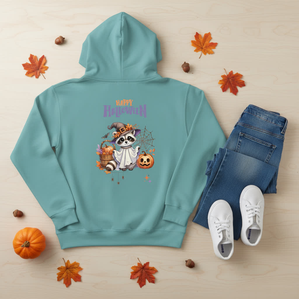 Kinder Hoodie Halloween Motiv Waschbär – Süßes Herbst Design für kleine Geister