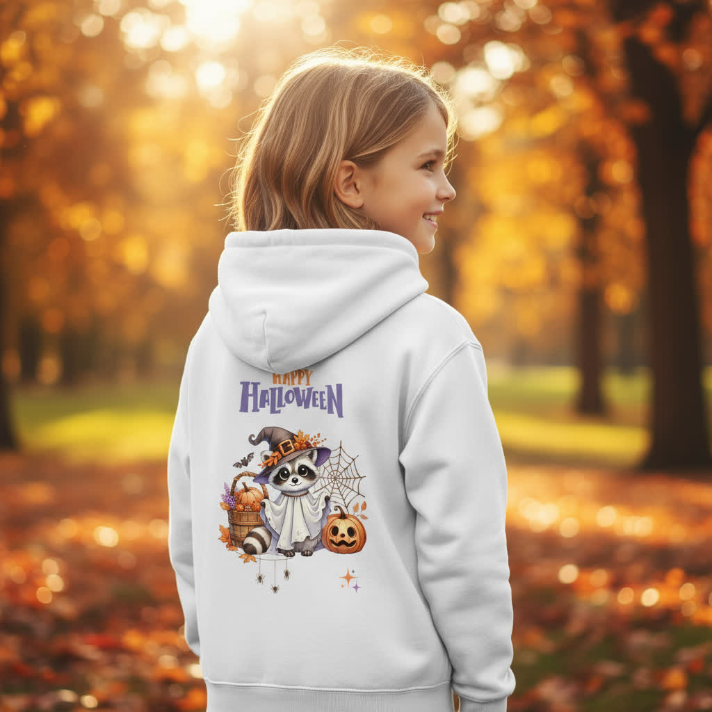 Kinder Hoodie Halloween Motiv Waschbär – Süßes Herbst Design für kleine Geister