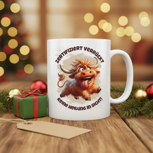 Tasse Zertifiziert verrückt – Keramiktasse mit Spruchmotiv, witzige Geschenkidee
