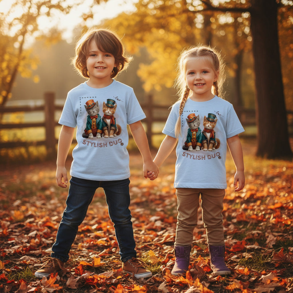 Kids Organic T-Shirt Stylish Duo – Kinder Shirt mit Katzenmotiv, Unisex Bio-Shirt für Schule und Freizeit