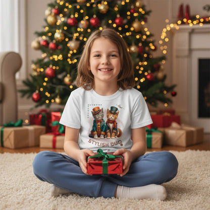 Kids Organic T-Shirt Stylish Duo – Kinder Shirt mit Katzenmotiv, Unisex Bio-Shirt für Schule und Freizeit
