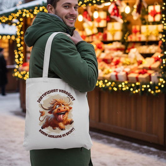 Baumwolltasche Zertifiziert verrückt – Stoffbeutel mit Spruchmotiv, witzige Einkaufstasche