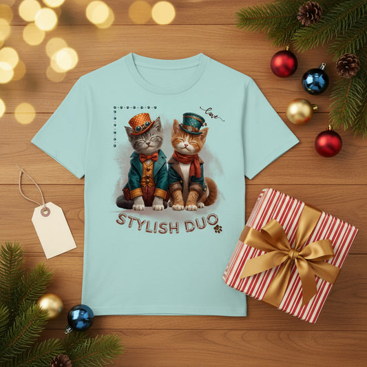 Kids Organic T-Shirt Stylish Duo – Kinder Shirt mit Katzenmotiv, Unisex Bio-Shirt für Schule und Freizeit