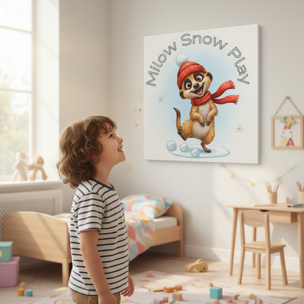 Milow Snow Play – Leinwand 40×40 cm für das Kinderzimmer mit liebevollem Wintermotiv