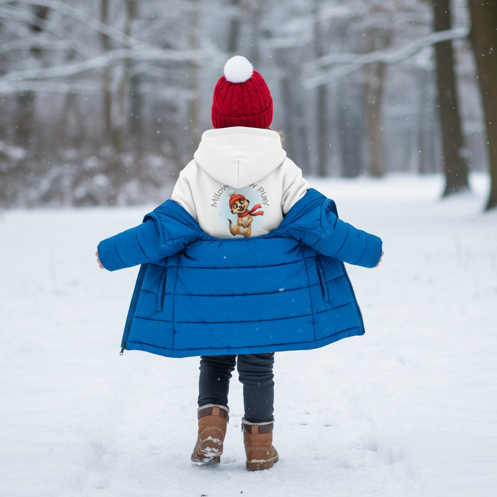 Milow Snow Play – Kids Organic Hoodie mit Wintermotiv auf der Rückseite