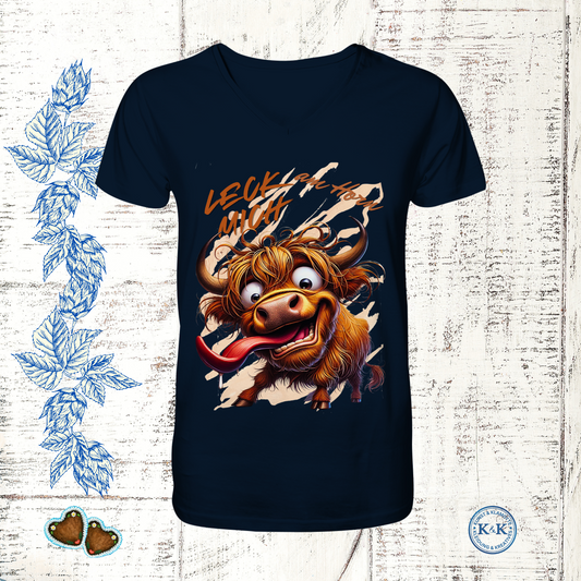 Freches Highland-Rind Herren V-Neck-Shirt mit Spruch „Leck mich am Horn“ – witziges Statement-Shirt für Erwachsene