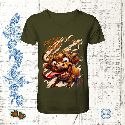 Freches Highland-Rind Herren V-Neck-Shirt mit Spruch „Leck mich am Horn“