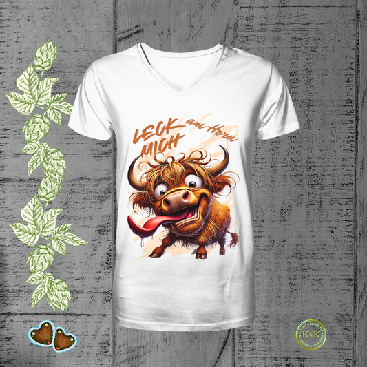 Freches Highland-Rind Herren V-Neck-Shirt mit Spruch „Leck mich am Horn“ – witziges Statement-Shirt für Erwachsene