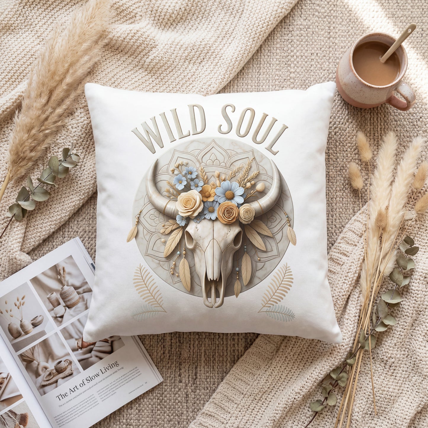 Wild Soul Boho Kissen 40x40cm mit floralem Bull Skull