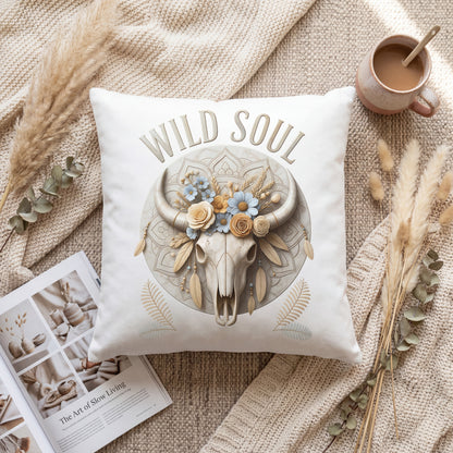 Wild Soul Boho Kissen 40x40cm mit floralem Bull Skull
