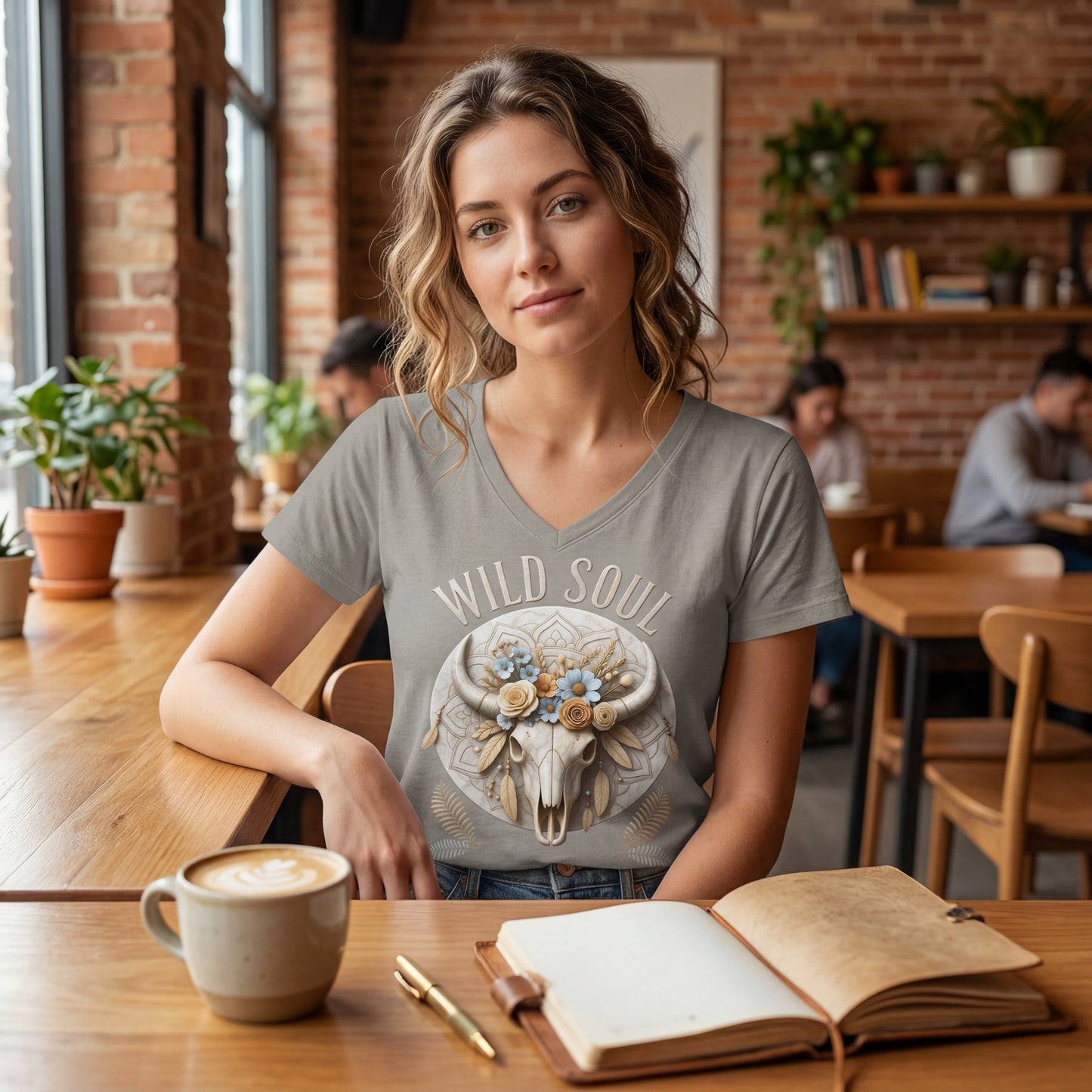 Wild Soul Damen V-Neck Shirt mit Bull Skull im Boho-Western-Stil