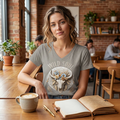Wild Soul Damen V-Neck Shirt mit Bull Skull im Boho-Western-Stil