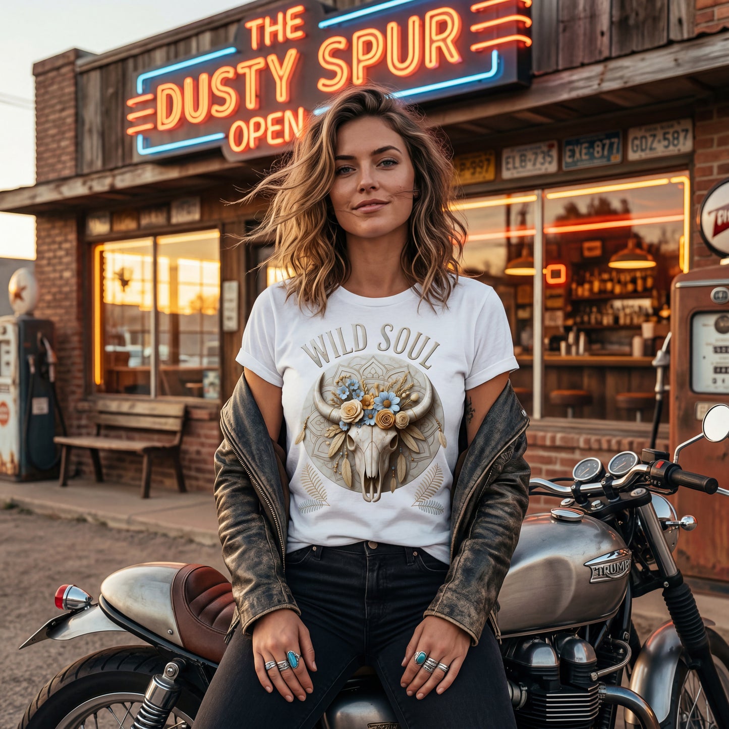 Wild Soul Heavy Cotton T-Shirt mit floralem Bull Skull