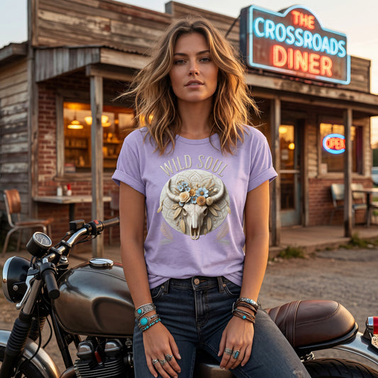 Wild Soul Boho Shoulder T-Shirt mit floralem Bull Skull