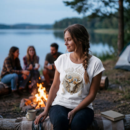 Wild Soul Boho Shoulder T-Shirt mit floralem Bull Skull