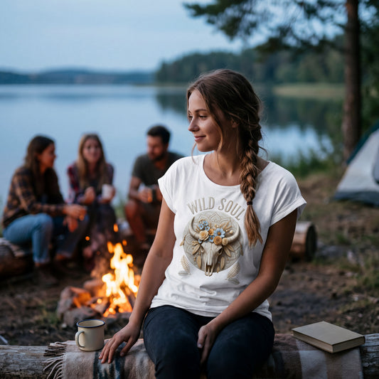 Wild Soul Boho Shoulder T-Shirt mit floralem Bull Skull