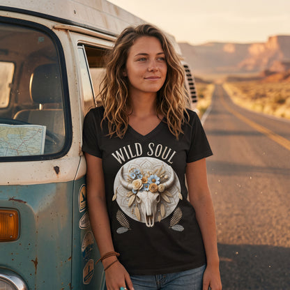 Wild Soul Damen V-Neck Shirt mit Bull Skull im Boho-Western-Stil