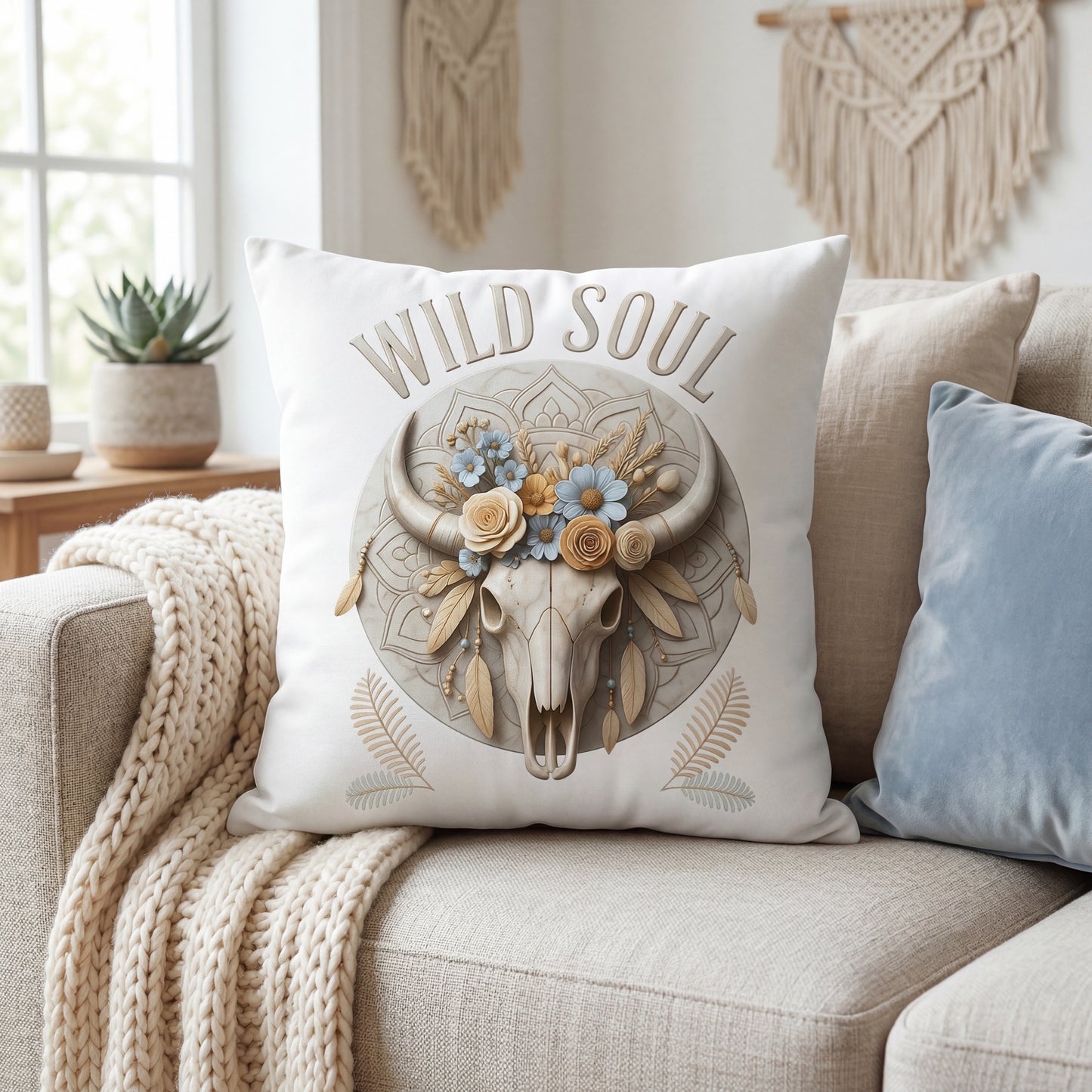 Wild Soul Boho Kissen 40x40cm mit floralem Bull Skull