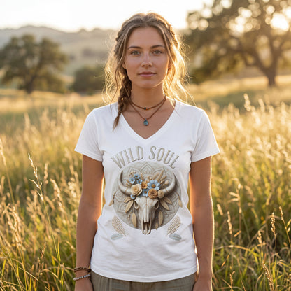 Wild Soul Damen V-Neck Shirt mit Bull Skull im Boho-Western-Stil