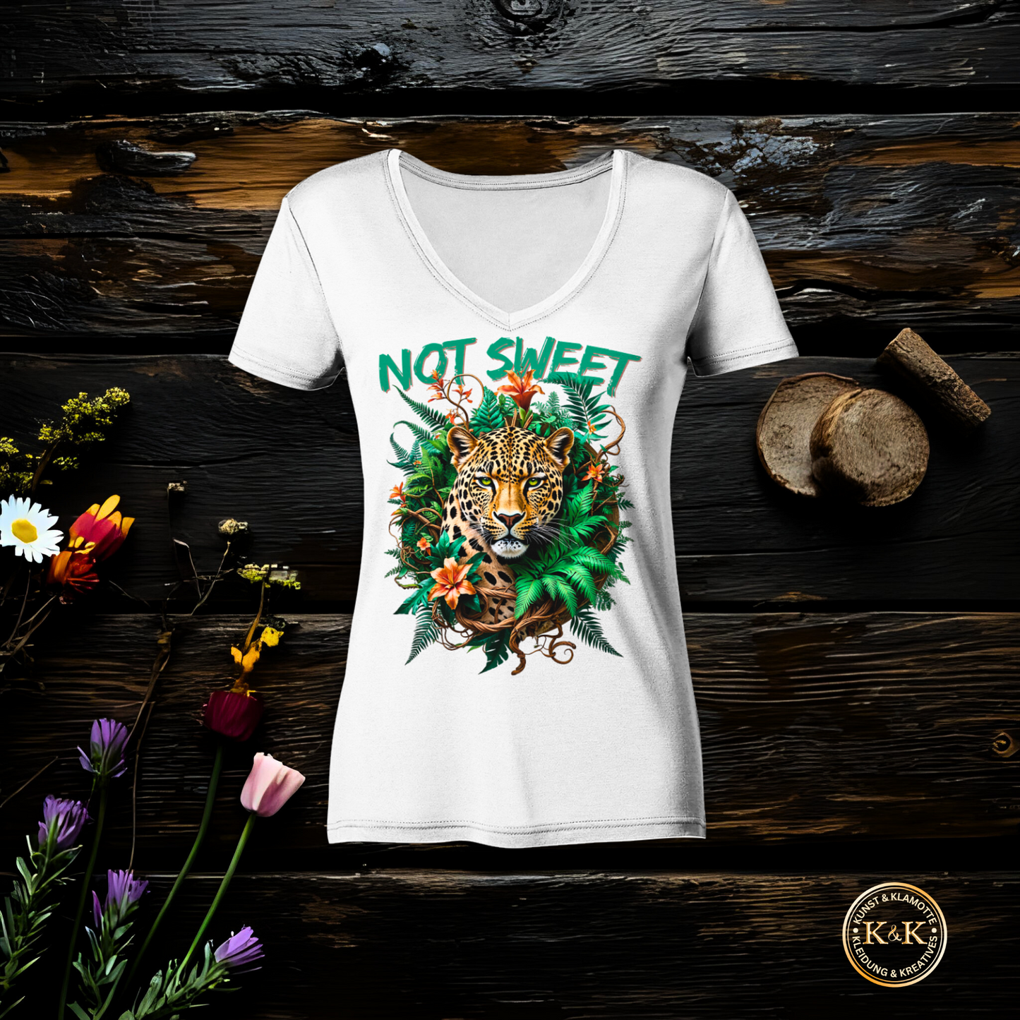 Not Sweet Ladies V-Neck Shirt I Statement Shirt für starke Frauen | Feministisches Leopard Design | Tropischer Boho Wildstyle