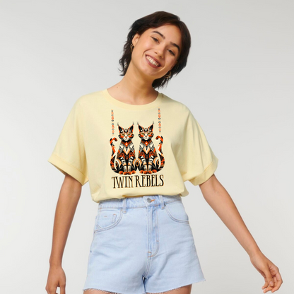 Boho Womens Organic Rolled Sleeves T-Shirt mit Tribal Design – rebellischer Ethno Look, modernes Statement Outfit