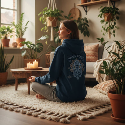 Organic Relaxed Zipper Inner Peace – Damen Kapuzenjacke aus Bio-Baumwolle mit Rückendruck im Boho Yoga Stil