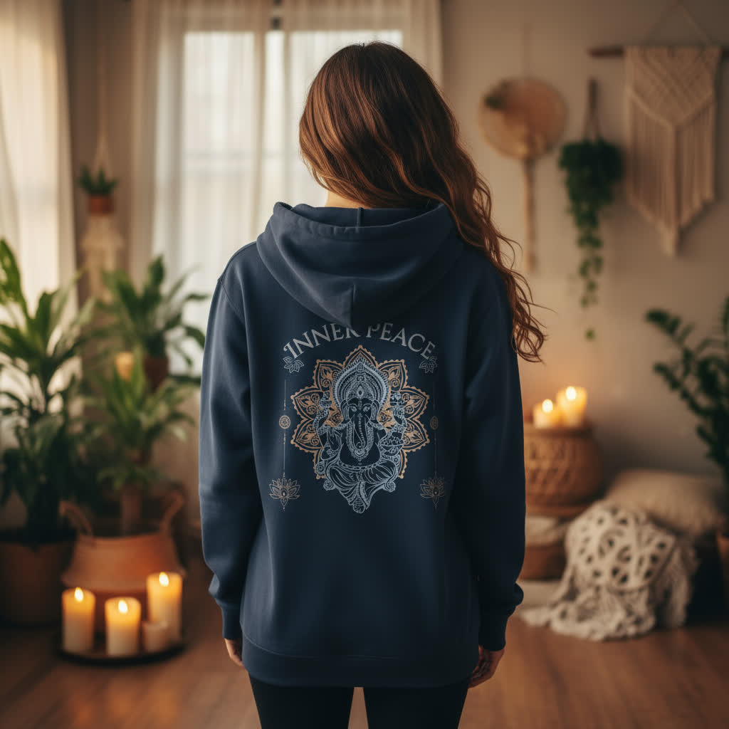 Organic Relaxed Zipper Inner Peace – Damen Kapuzenjacke aus Bio-Baumwolle mit Rückendruck im Boho Yoga Stil